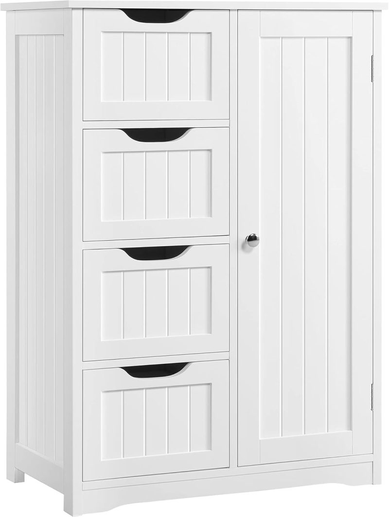 Yaheetech Bathroom Floor Cabinet with drawers and cupboard in a modern white bathroom with minimalist decor