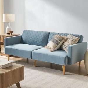 This convertible sofa bed is perfect for small apartments and studio living. Its split-back design allows for customized comfort, while the tapered legs and linen upholstery add a touch of modern style