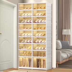 cluttered closet with shoes piled on the floor before using the EHAMILY Foldable Shoe Rack