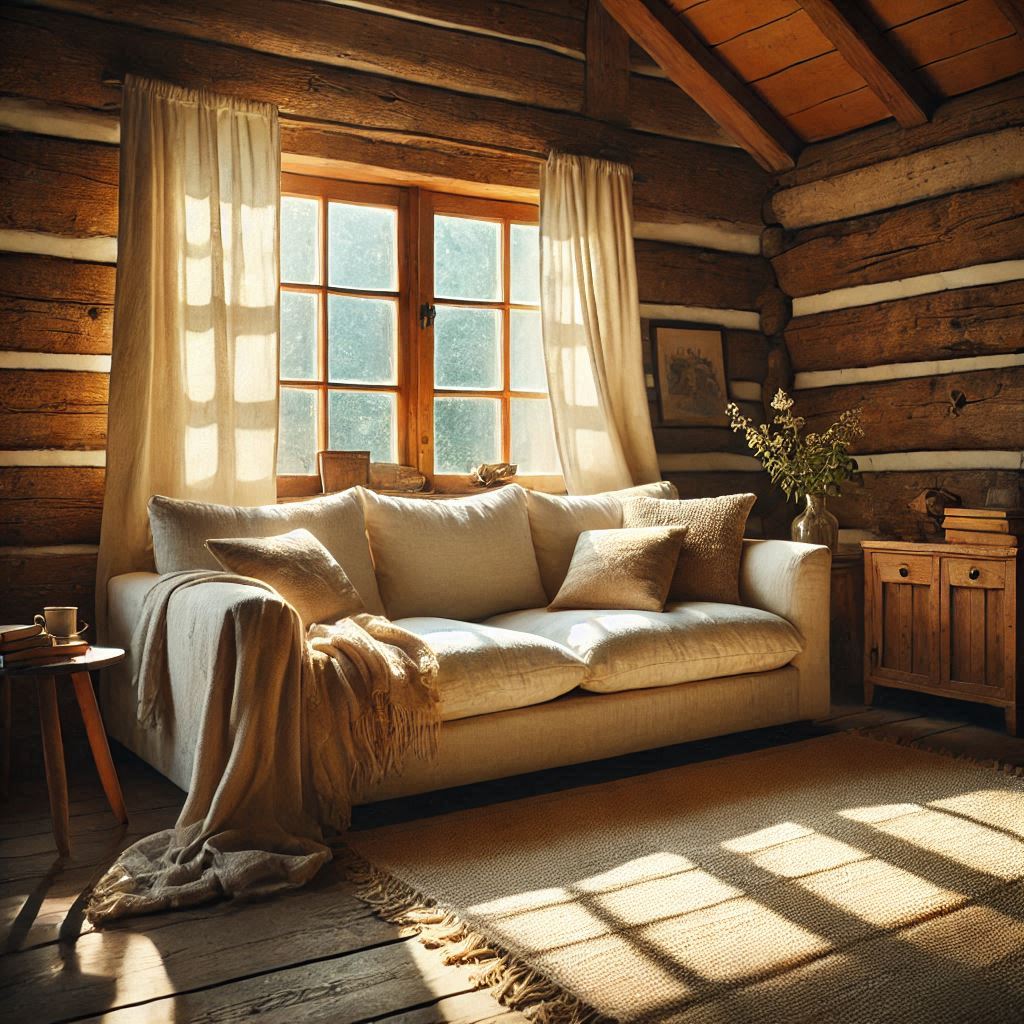 A rustic living room with a linen sofa, bathed in warm sunlight.