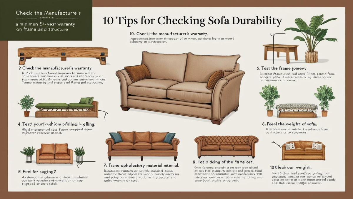 10 Tip to check Sofa durability. Check the Manufacturer's Warranty A longer warranty often indicates the manufacturer's confidence in the product's durability. Look for at least 5–10 years on frame and structure. Inspect the Frame Material Durable sofas typically have frames made of kiln-dried hardwood (like oak or ash) rather than particleboard, plastic, or softwoods. Test the Joinery High-quality sofas use sturdy joinery methods like dowels, brackets, or screws. Avoid frames held together with only staples or glue. Assess the Cushion Filling Look for high-resilience foam wrapped in a layer of polyester or down for firmness and longevity. Cheap foam flattens quickly. Examine the Upholstery Material Durable fabrics like leather, microfiber, or tightly woven textiles resist wear better than thin or loosely woven fabrics. Check for Sagging Press down on different parts of the sofa. A sturdy sofa should feel firm and even, without sagging or creaking. Feel the Weight A heavier sofa is often more durable due to better-quality materials in the frame and cushioning. Lightweight sofas may indicate cheaper construction. Look at the Suspension System Durable sofas use 8-way hand-tied springs or sinuous steel springs for support. Avoid sofas with only webbing or mesh. Test the Stitching and Seams Inspect the seams for tight, reinforced stitching. Loose threads or uneven seams may signal poor craftsmanship. Read Customer Reviews Check online reviews to learn how well the sofa