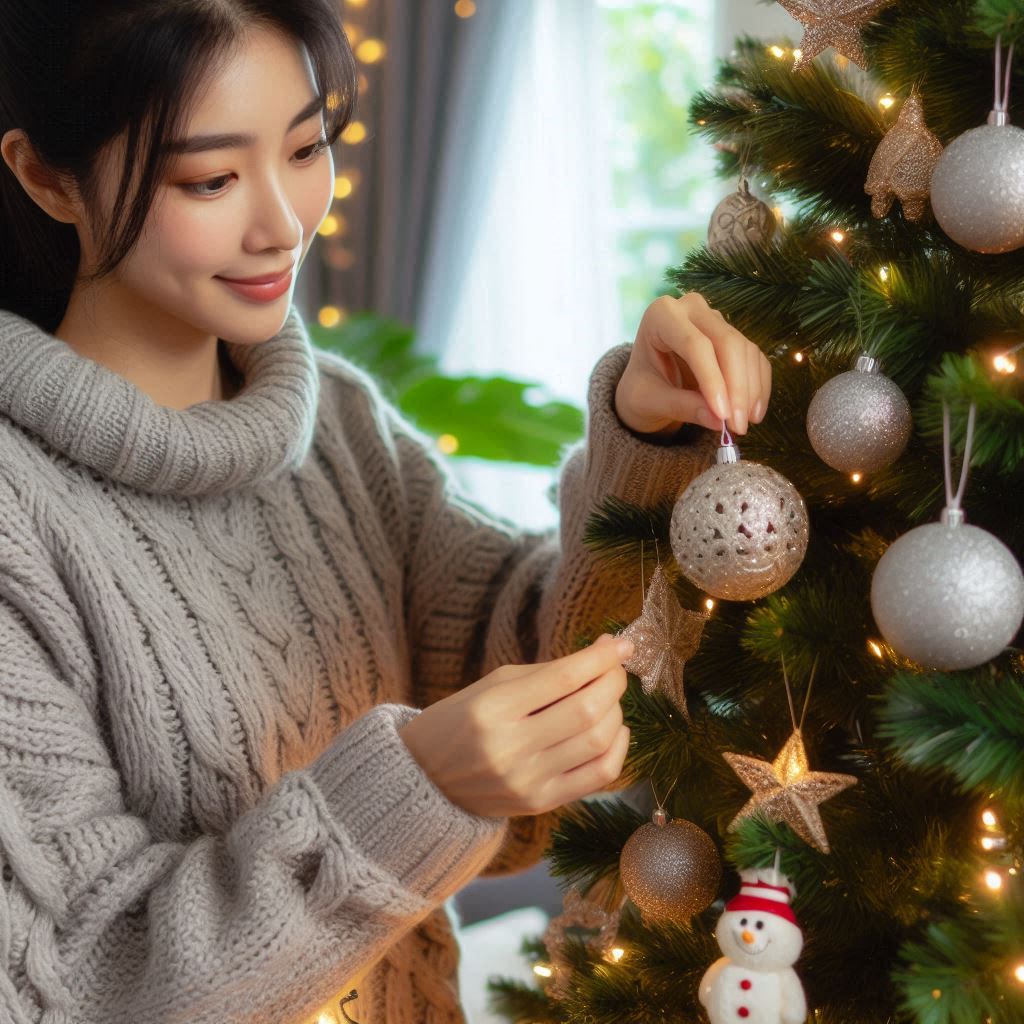 A person decorating a Christmas tree.