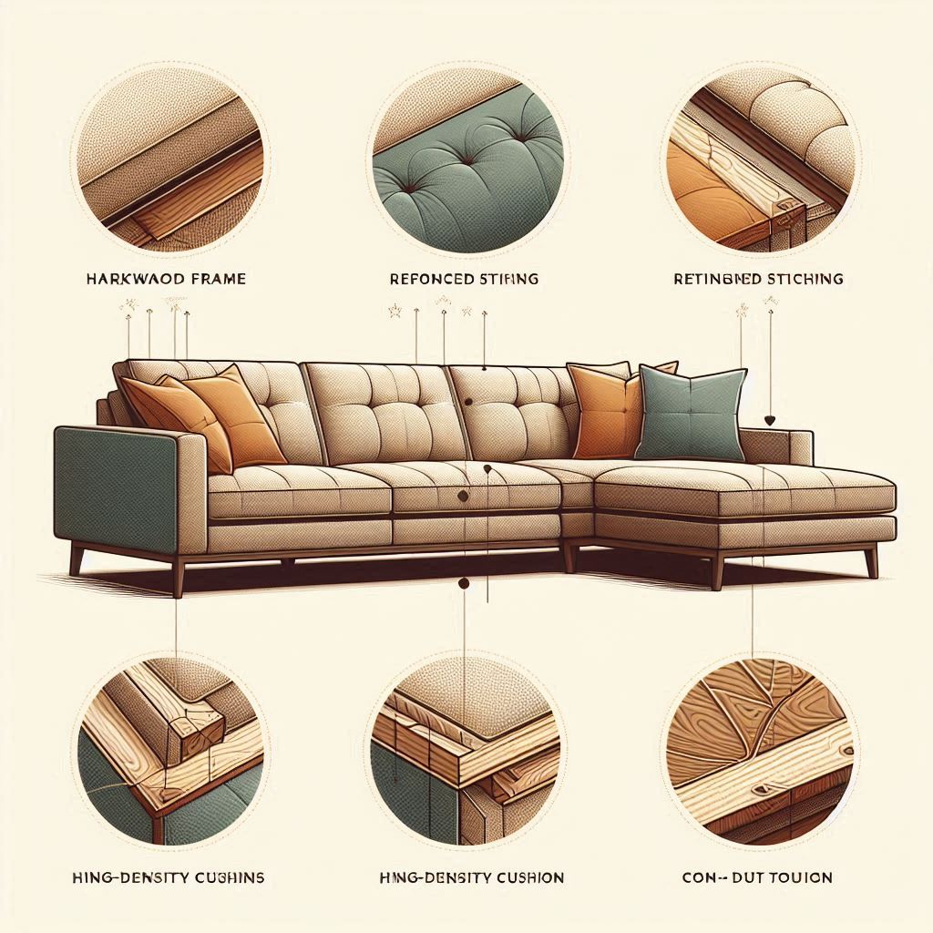 sectional sofa image emphasizing strong construction. Include visuals of hardwood frames, reinforced stitching, and high-density cushions. Add cutaway diagrams or labels pointing to these features for durability and long-lasting use.