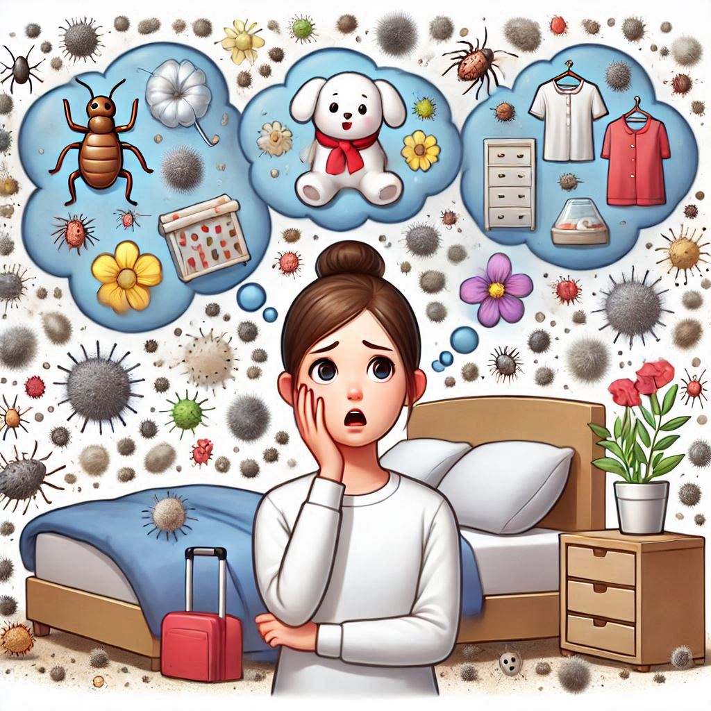 A person surrounded by floating allergens (dust mites, pollen, pet dander) looking overwhelmed, with a thought bubble showing a clean and organized room.