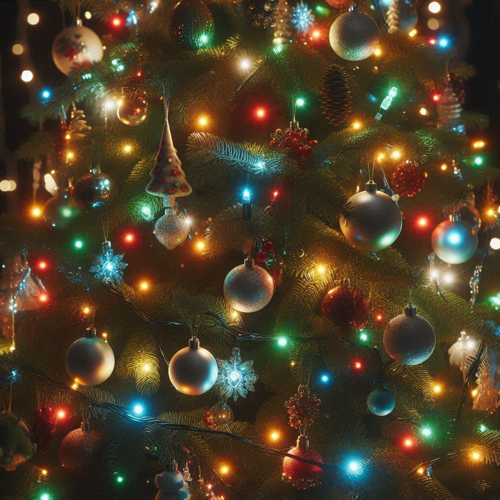 A Christmas tree with different types of lights.