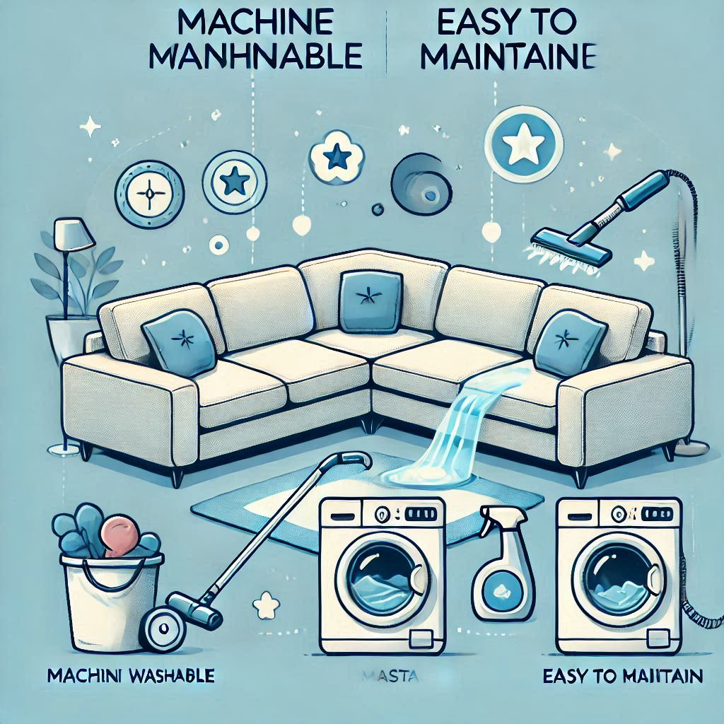 Show a sectional sofa with removable cushion covers being cleaned in a washing machine. Include cleaning tools like a vacuum and a spot cleaner near the sofa. Highlight ease of maintenance with text labels like 'Machine Washable' or 'Easy to Maintain.' Use a clean and fresh color palette with shades of blue and white.