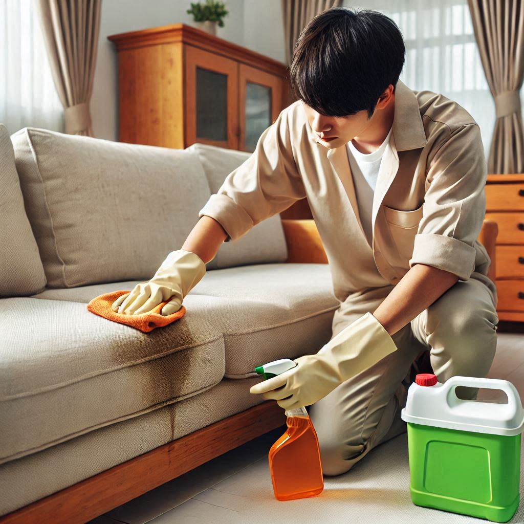 A person spot cleaning a stain on a sofa with a natural cleaning solution.