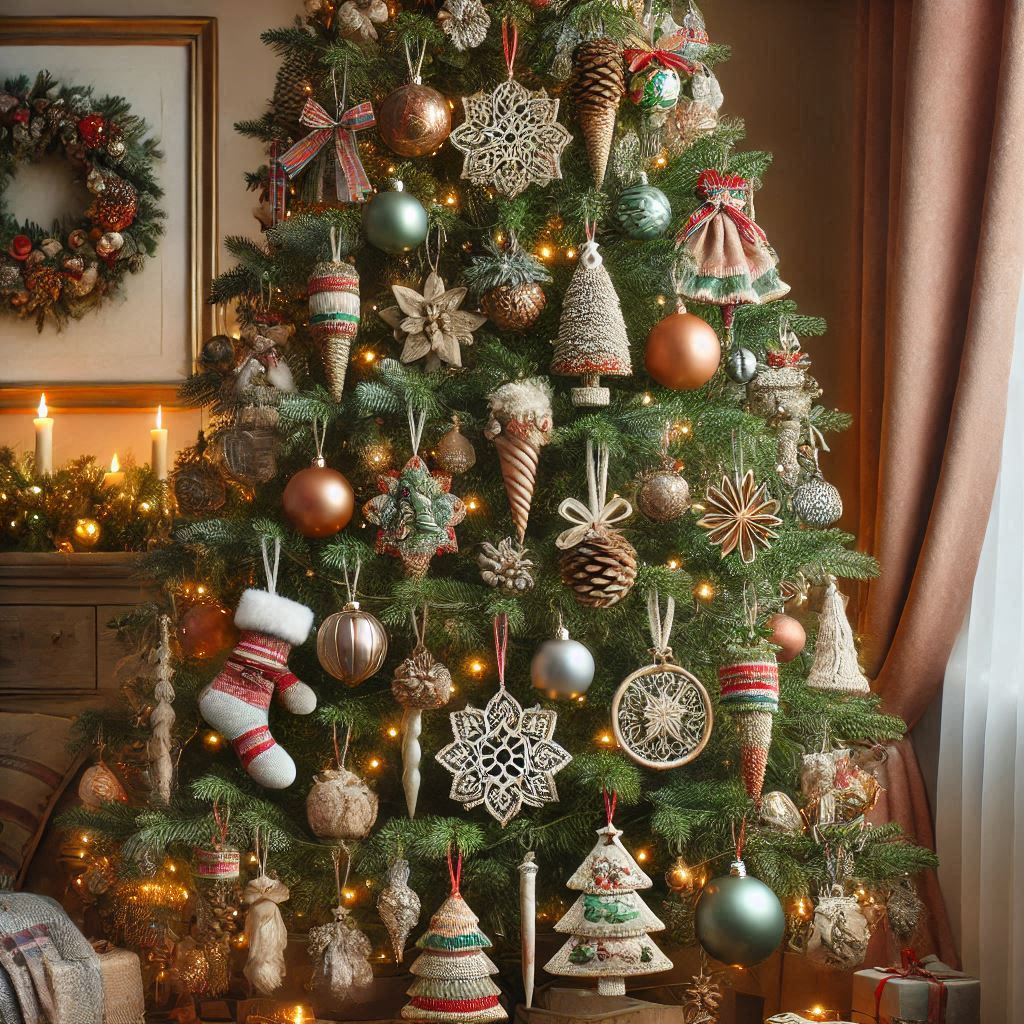 A Christmas tree decorated with various ornaments.