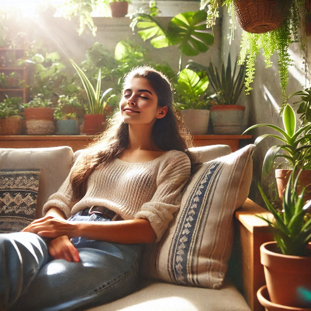 A person relaxing on a sustainable sofa, surrounded by plants and natural light, with a peaceful expression on their face.