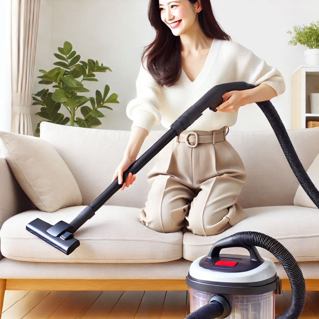 A person confidently vacuuming their sofa with a high-powered vacuum, emphasizing the importance of thorough cleaning.