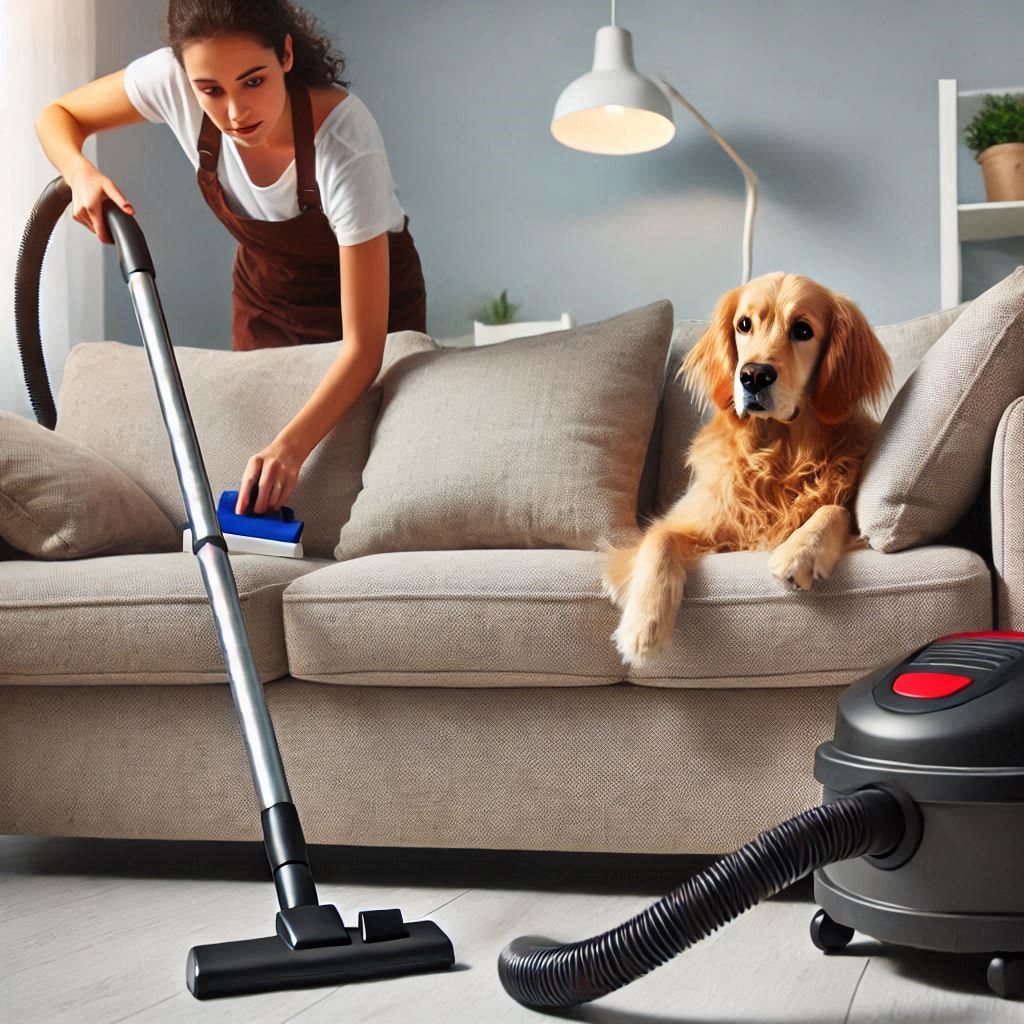 A person vacuuming a sofa with a pet looking on curiously.