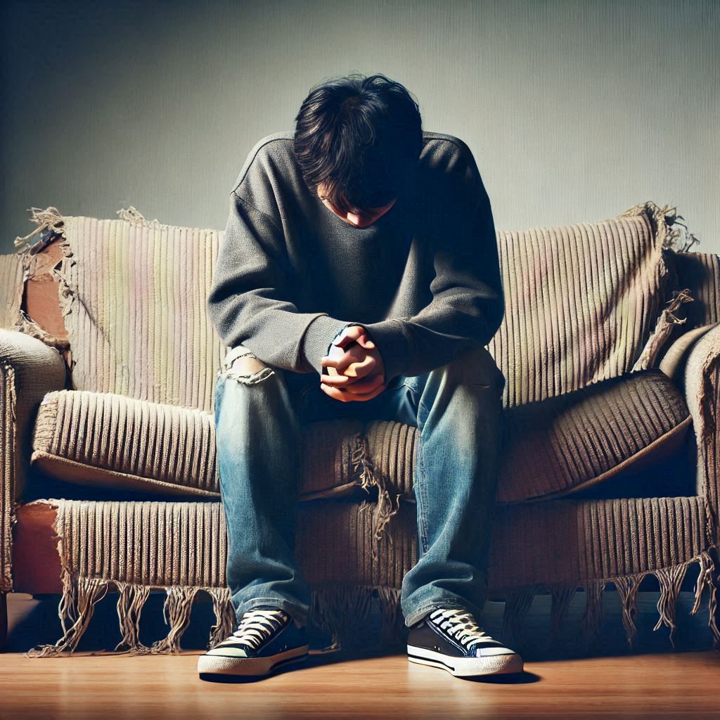 A person sitting on a worn-out sofa, looking disappointed.