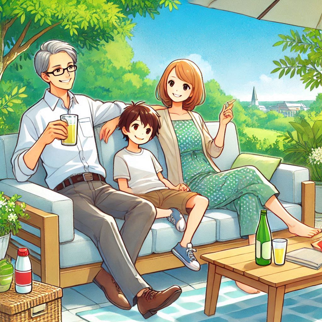 A family relaxing on an outdoor sofa, surrounded by nature.