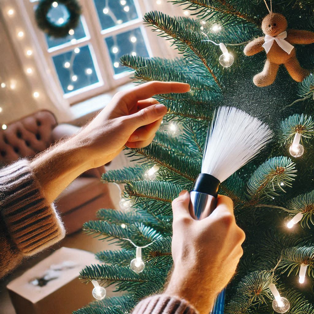 A person fluffing a Christmas tree.