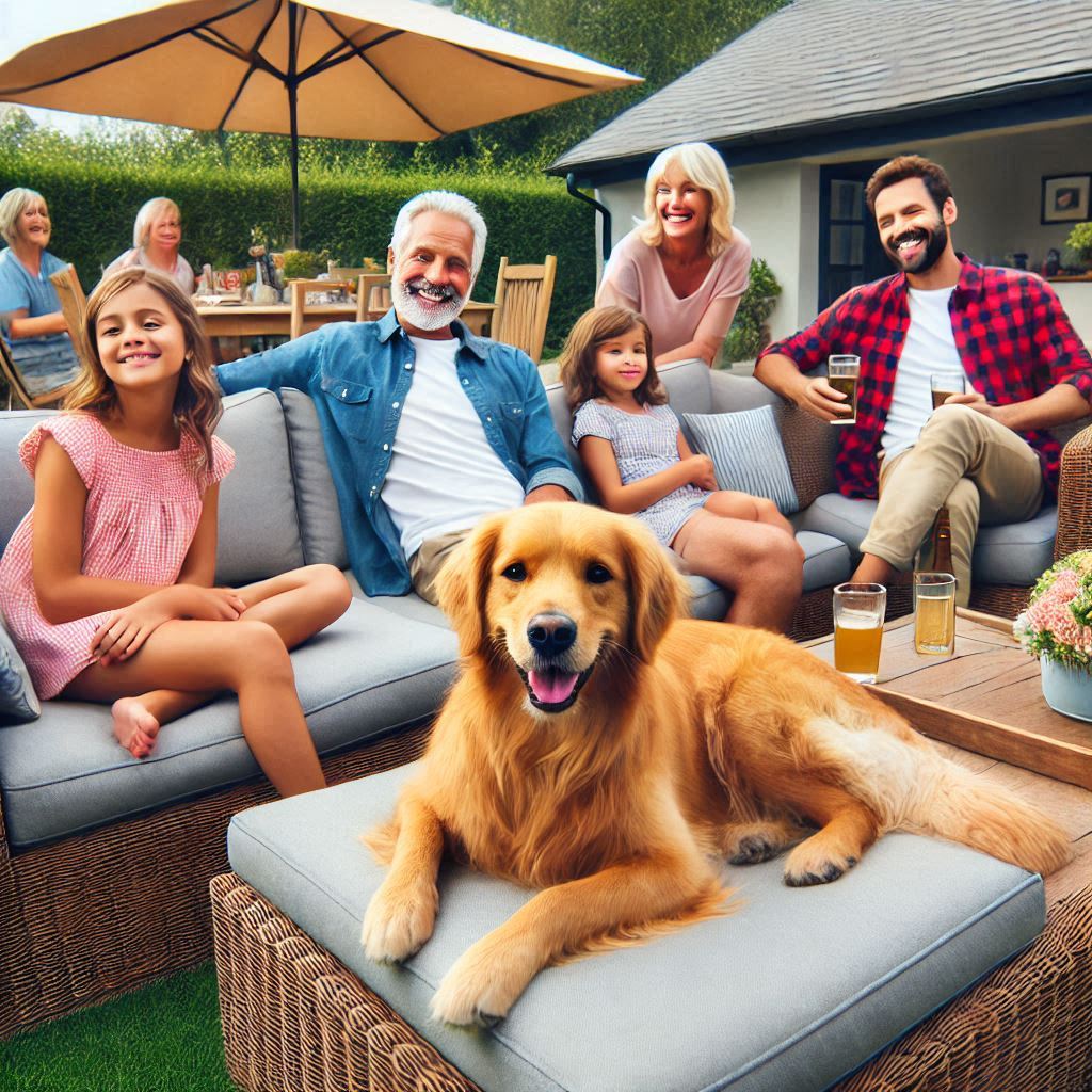 family enjoying a backyard gathering, with their dog lounging on an outdoor sofa made of durable fabric.