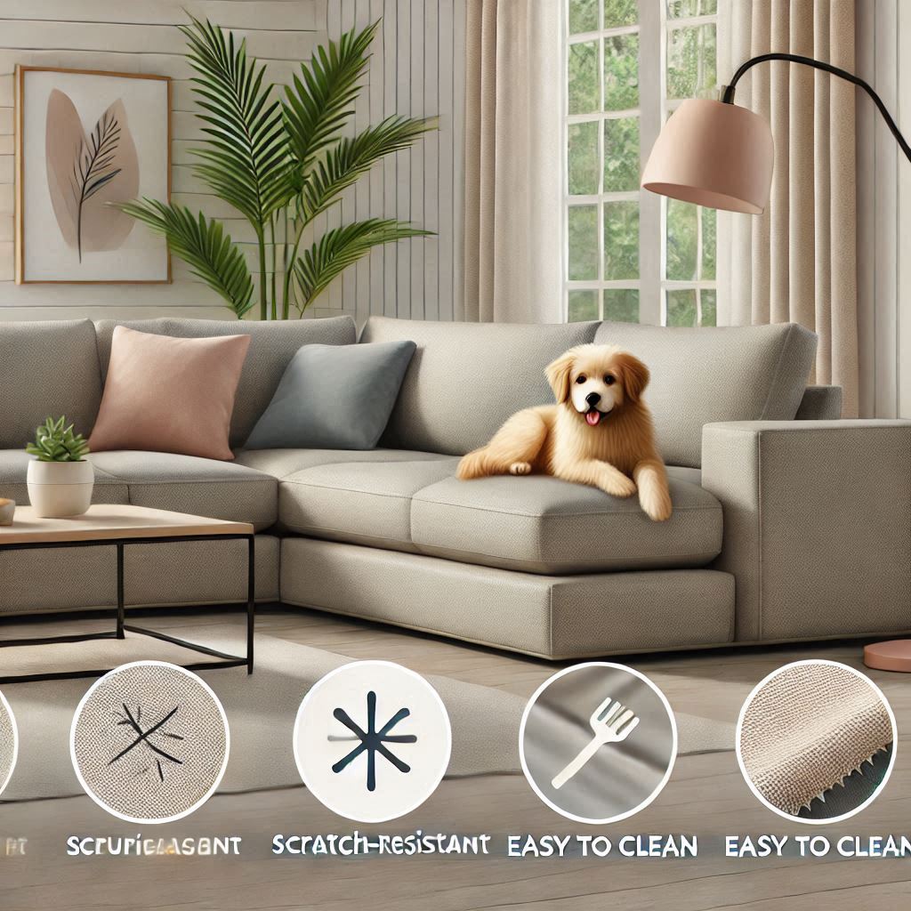 modern living room with a stylish sectional sofa covered in pet-friendly fabric. Show a relaxed dog or cat sitting on the sofa, with scratch-resistant and easy-to-clean material clearly highlighted. Use soft, neutral tones and add icons for 'Durable' and 'Easy to Clean' near the fabric