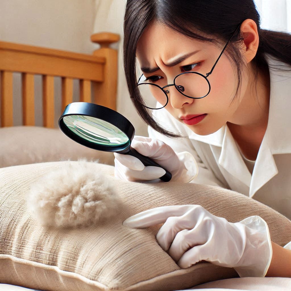 A person inspecting a dusty pillow with a magnifying glass, with a look of determination.