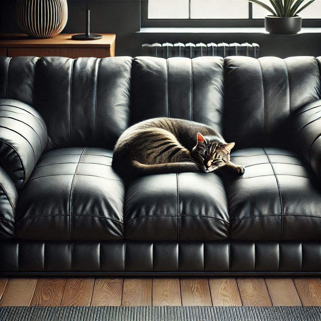 sleek leather sofa with a cat curled up on it, showcasing its durability and timeless appeal