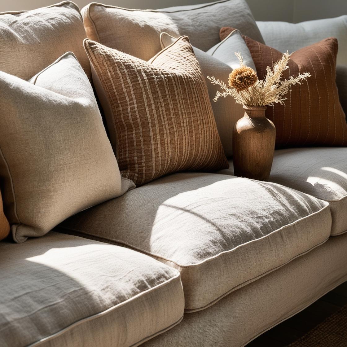 _A close-up shot of a linen sofa with a visible texture, highlighting the natural fibers and weave. let's try to add some decor and about lenin use