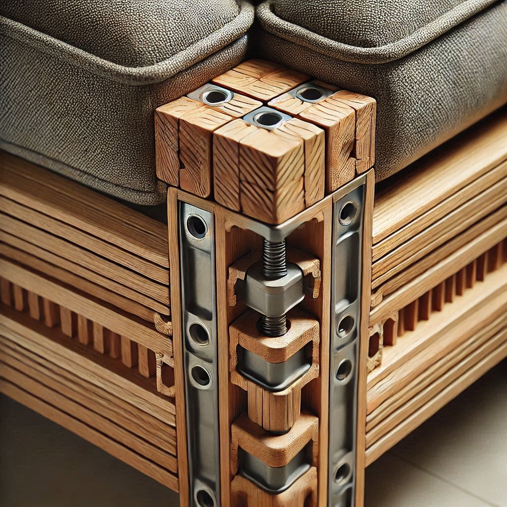 A close-up shot of a sofa's corner joint showing sturdy construction and reinforced joinery.