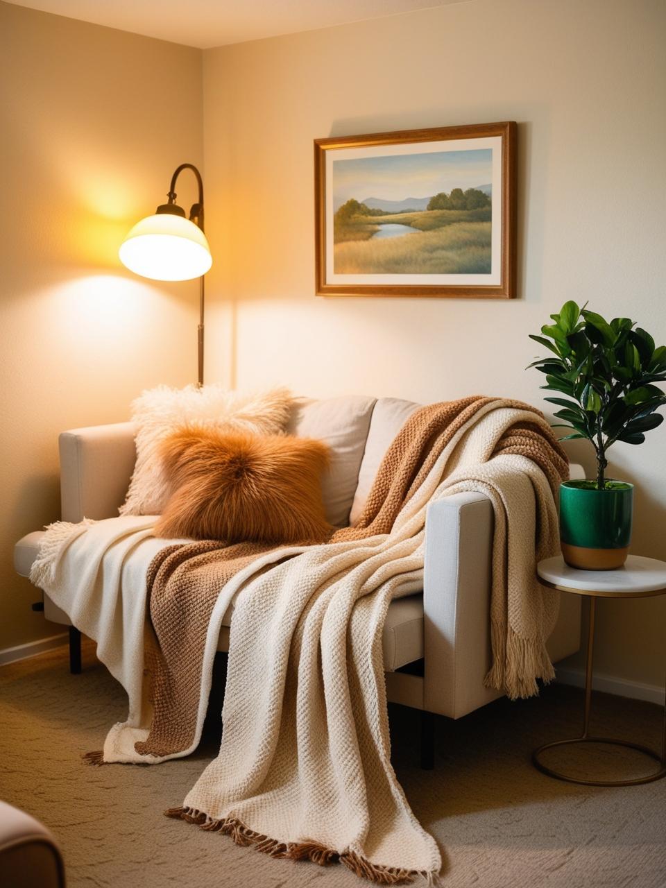 A cozy and inviting small living room with a sofa bed, adorned with soft blankets, pillows, and warm lighting.... add decor plant and painting