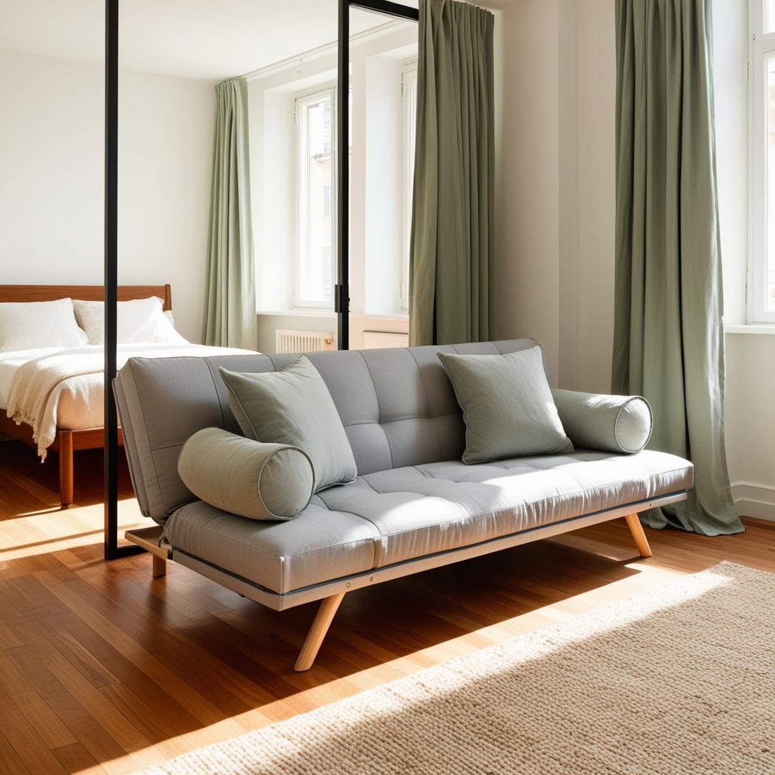 Futon used as a space divider in a studio apartment