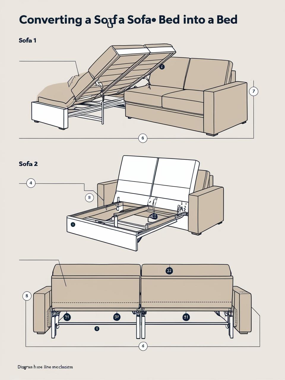 A diagram illustrating the different mechanisms for converting a sofa bed into a bed.