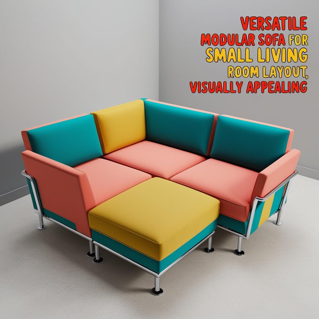 _A modular sofa configured for a small space. bold colorful text_ _Versatile modular sofa for small living room layout