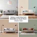 A mood board showcasing different color palettes for small living rooms: gray and white, beige and blue, and greige and green.A small living room with layered lighting: a ceiling fixture, floor lamp, and table lamp. focus text:Styling a Small Living Room: Sofa Bed as Focal Point (Expert Tips)