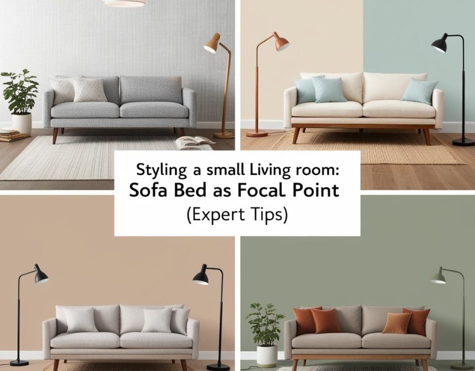 A mood board showcasing different color palettes for small living rooms: gray and white, beige and blue, and greige and green.A small living room with layered lighting: a ceiling fixture, floor lamp, and table lamp. focus text:Styling a Small Living Room: Sofa Bed as Focal Point (Expert Tips)