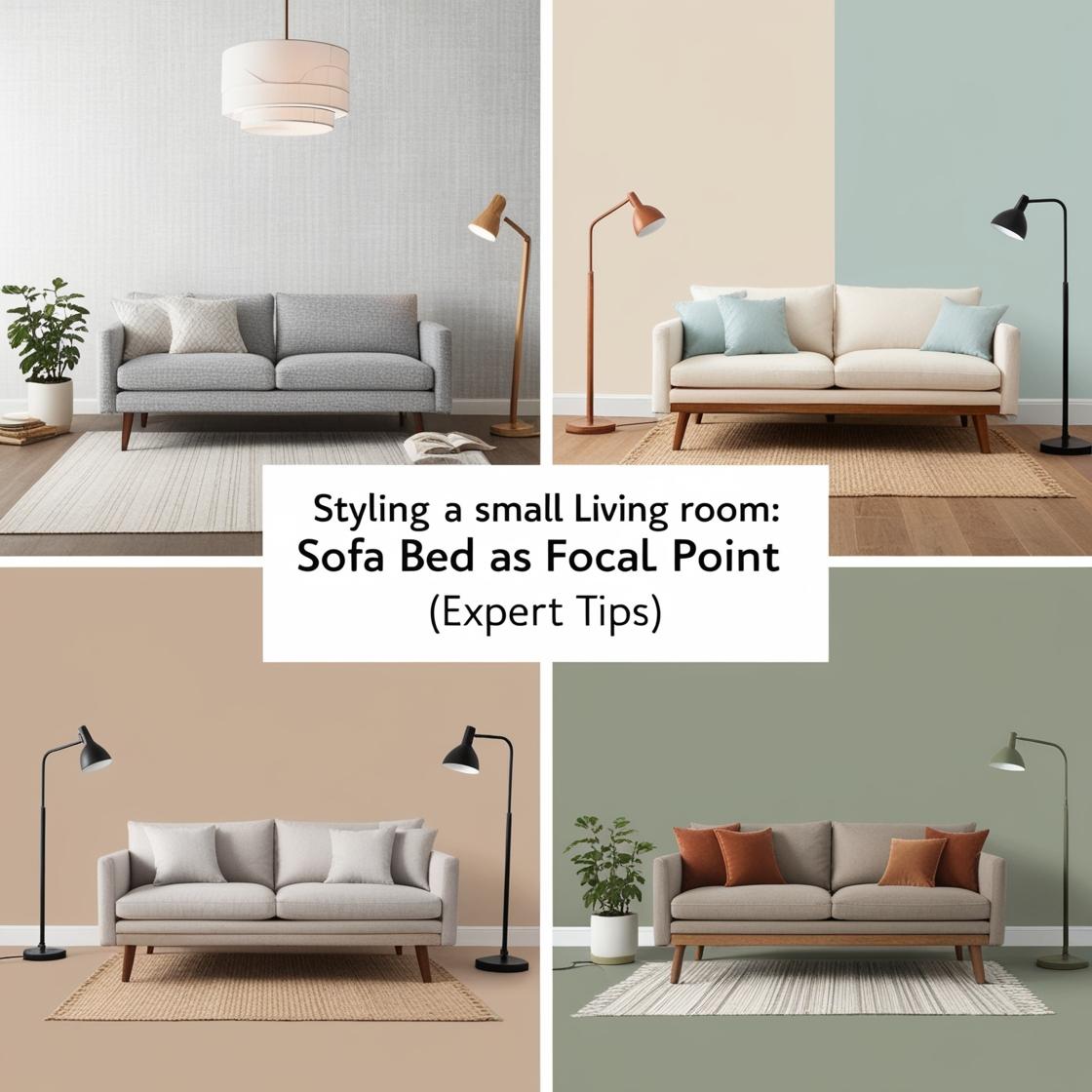 A mood board showcasing different color palettes for small living rooms: gray and white, beige and blue, and greige and green.A small living room with layered lighting: a ceiling fixture, floor lamp, and table lamp. focus text:Styling a Small Living Room: Sofa Bed as Focal Point (Expert Tips)