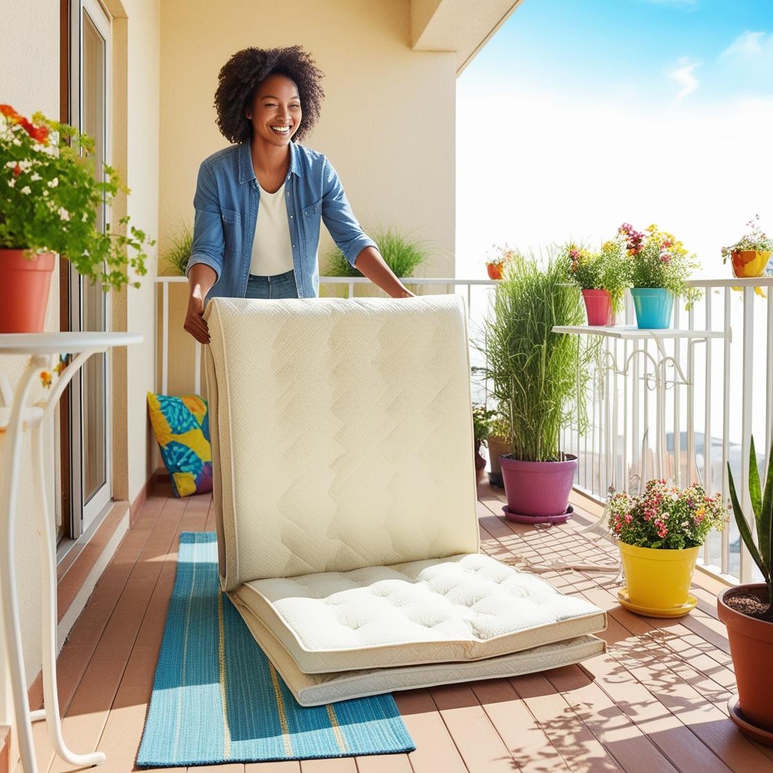 Airing out a futon mattress in the sunlight