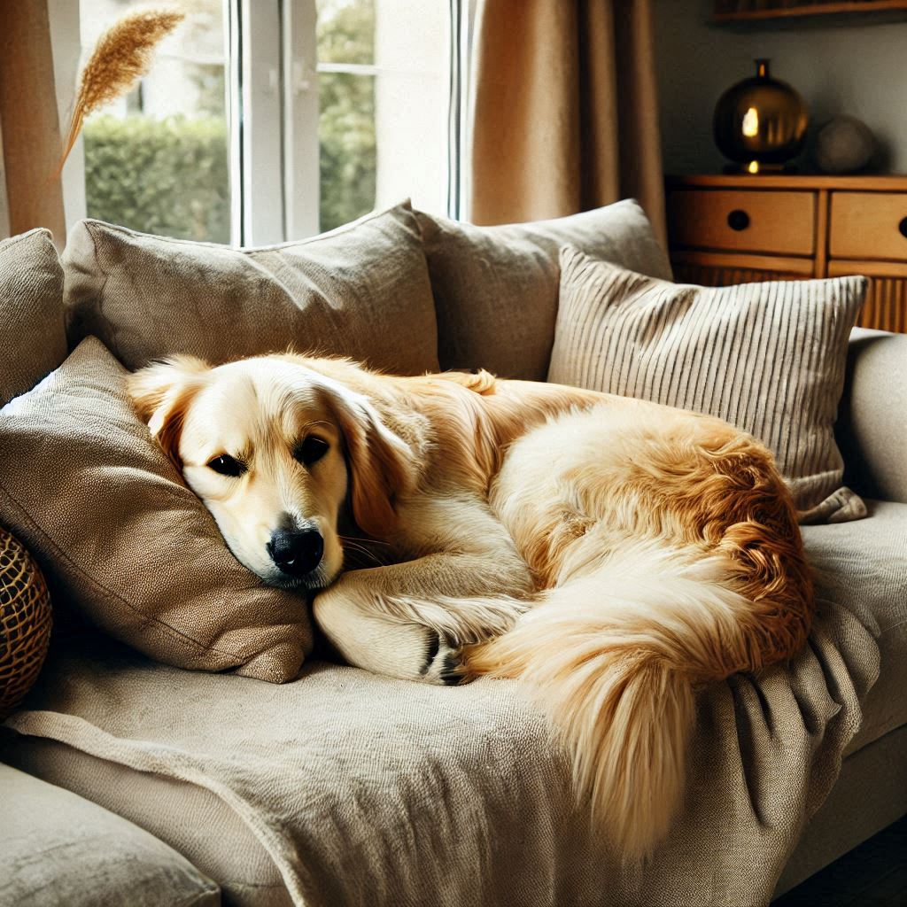 A photo of a beige linen sofa with a golden retriever curled up on it