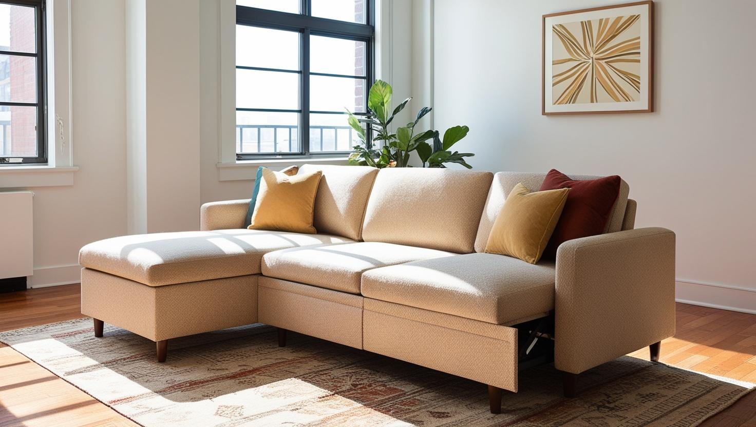 Sofa with storage and chaise lounge in a small apartment living room