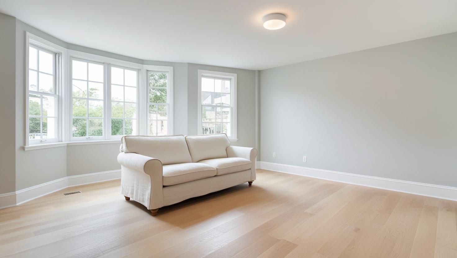 Light-colored sofa in a small living room creating a spacious feel