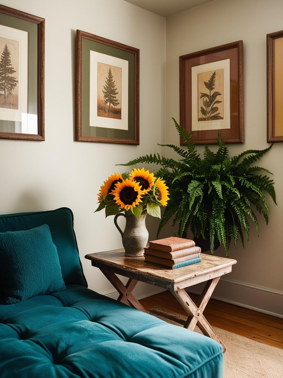 A small living room with a sofa bed, a coffee table with a vase of flowers and a stack of books.. add decors plant and small old style wood table featuring artwork on the walls ___