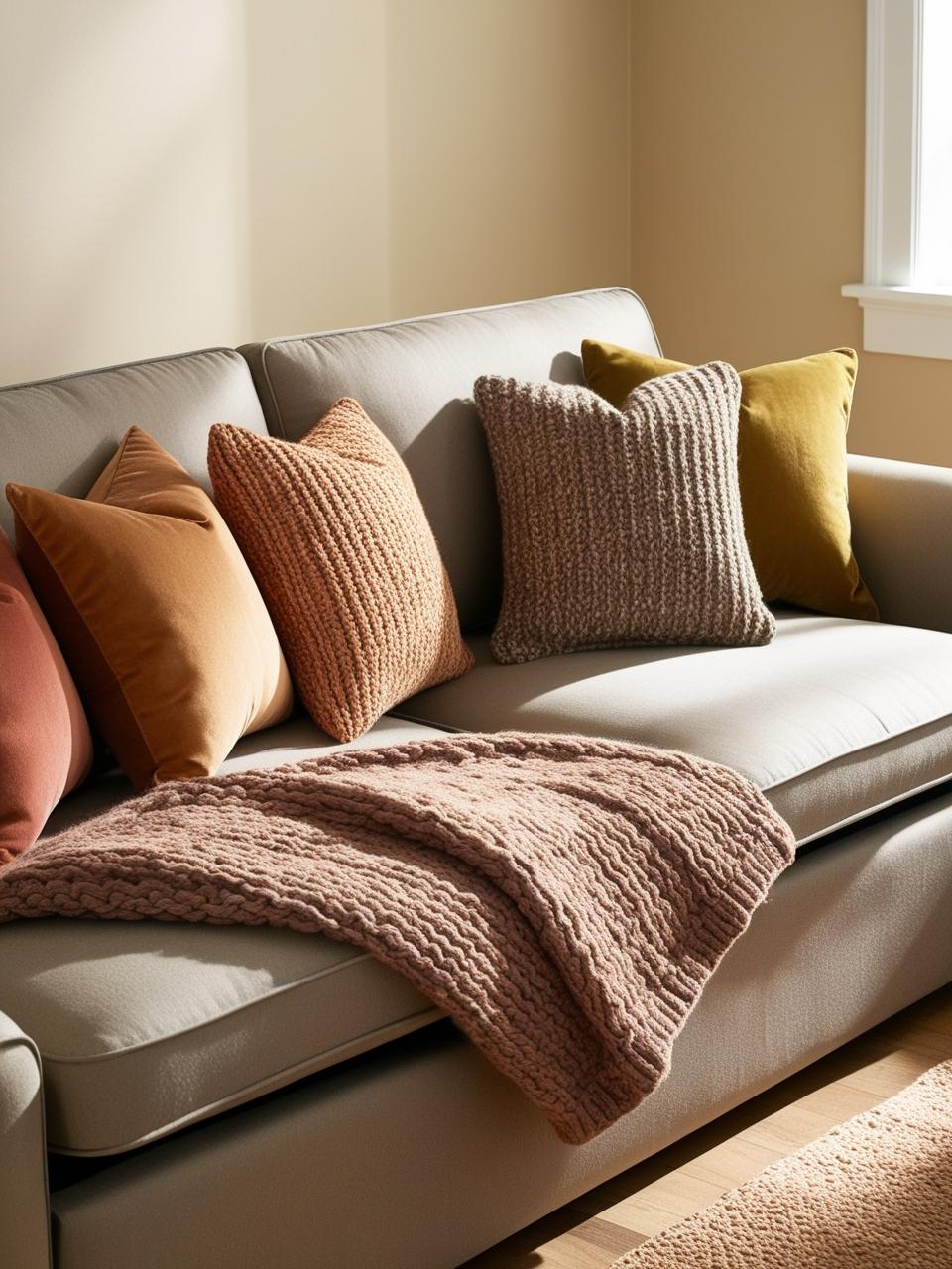 A small living room with a sofa bed, adorned with a variety of colorful throw pillows not too mush and show full sofa bed and a cozy throw blanket.