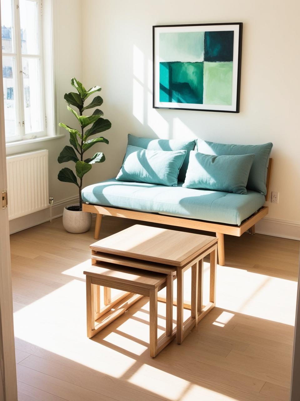 A small living room with a sofa bed and a nesting coffee table set, which can be easily stored away when not in use. add decor plant and painting