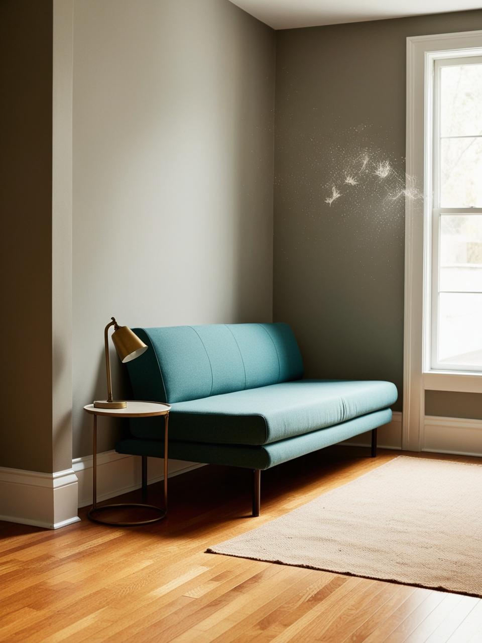 A small living room with a sofa bed angled in a corner, creating a cozy nook with a side table and lamp.