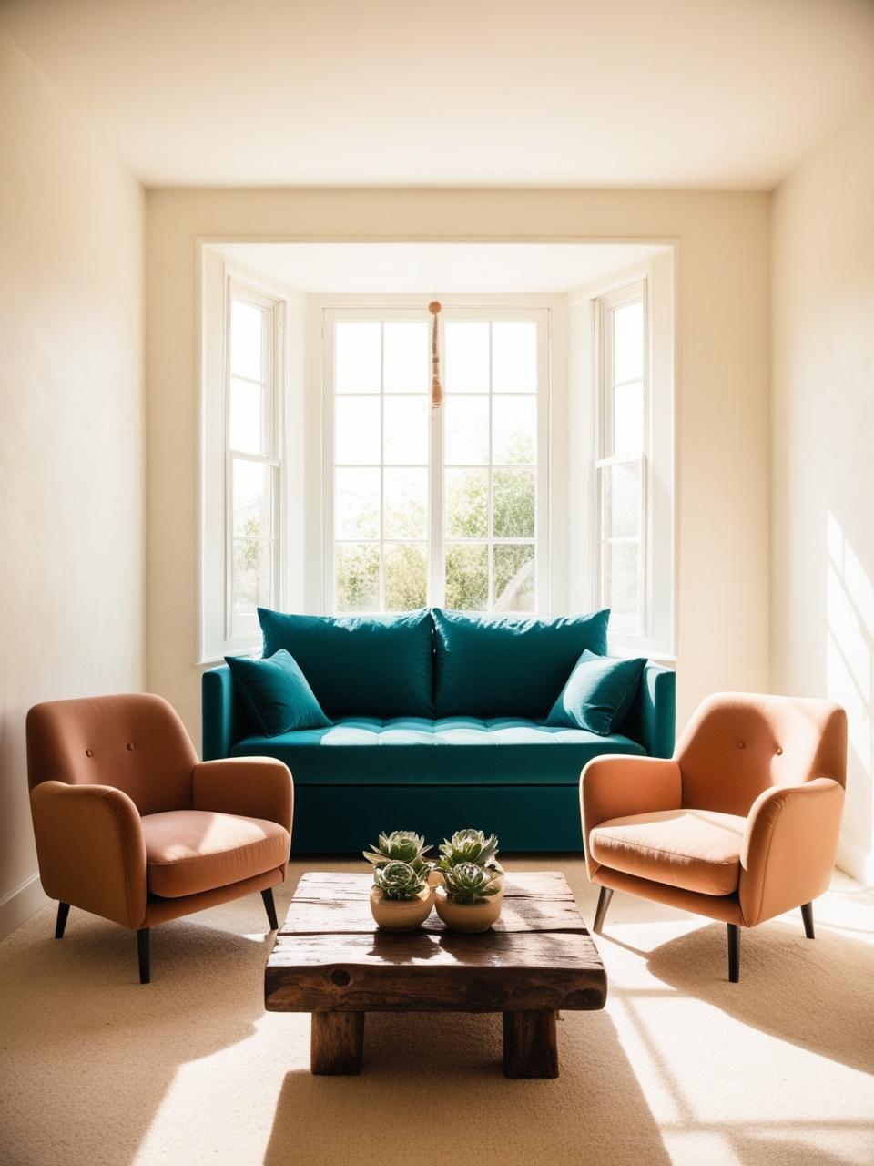 A small living room with a sofa bed centered in the room, paired with two armchairs and a coffee table.