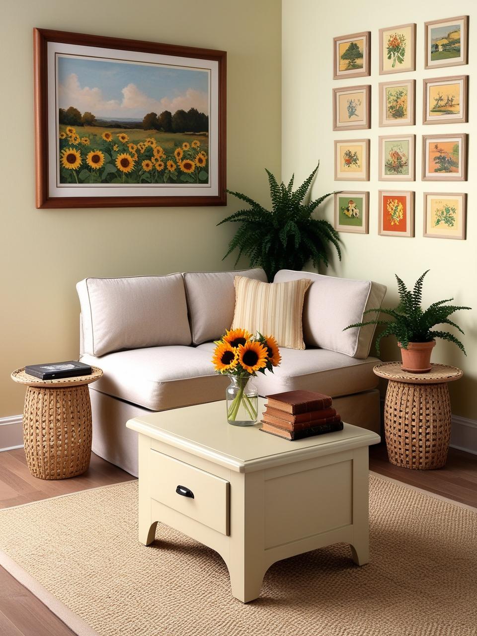 A small living room with a sofa bed, featuring a coffee table with a vase of flowers and a stack of books.. add decors plant and small old style wood table Hang artwork on the walls to add personality and create a