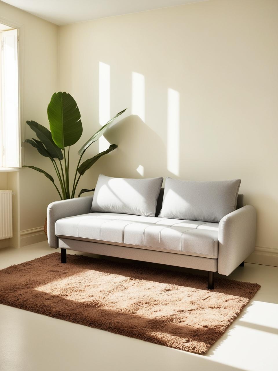 A small living room with a sofa bed placed in the center of the room, creating a focal point and defining the seating area.. add decor plant rug