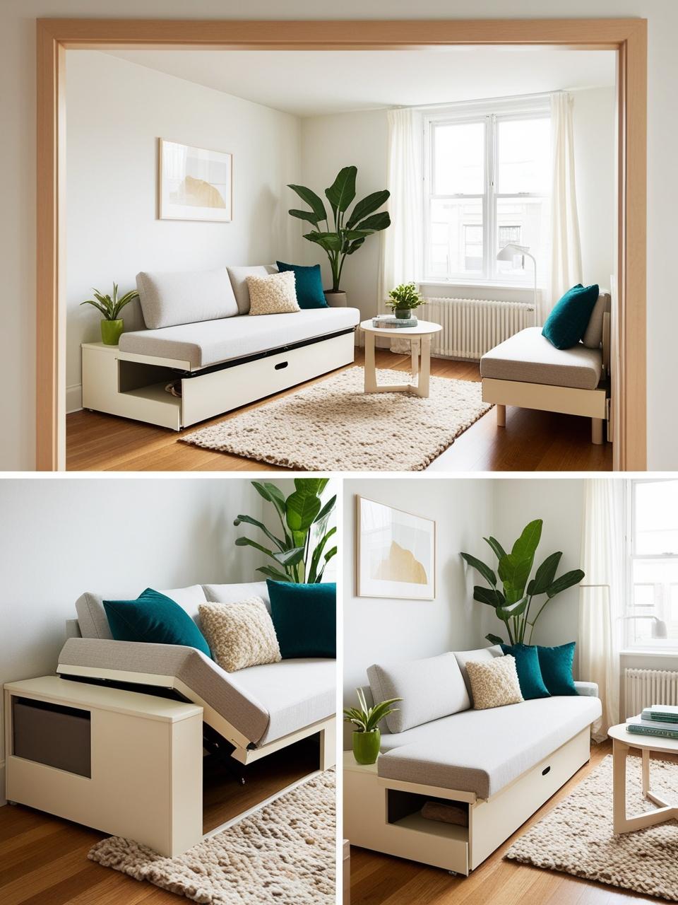 A small living room with a sofa bed, showcasing space-saving furniture arrangements, clever storage solutions, and stylish decor. decor plant rug