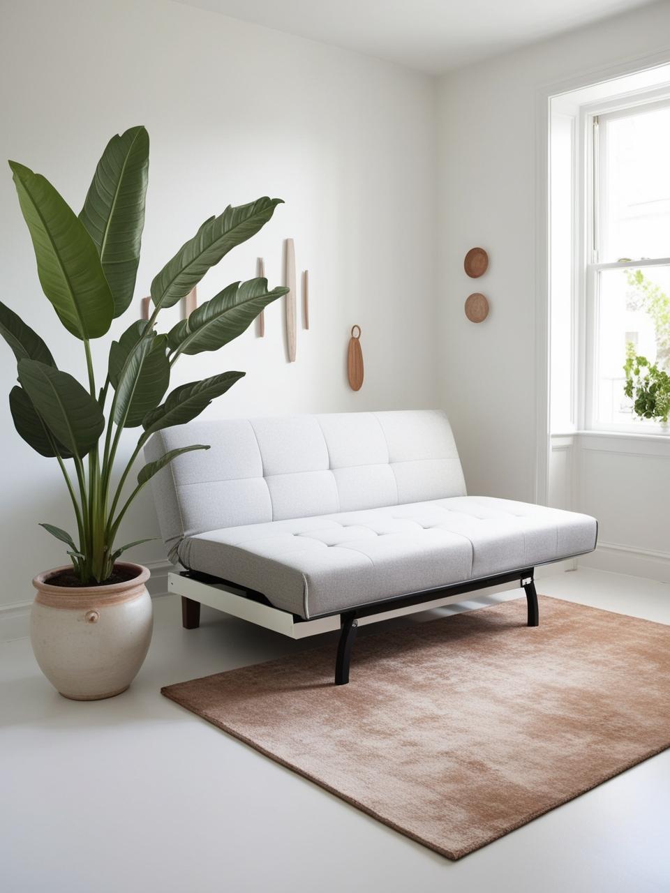 A small living room with a sofa bed strategically placed to maximize space and create a functional layout... add decor plant rug