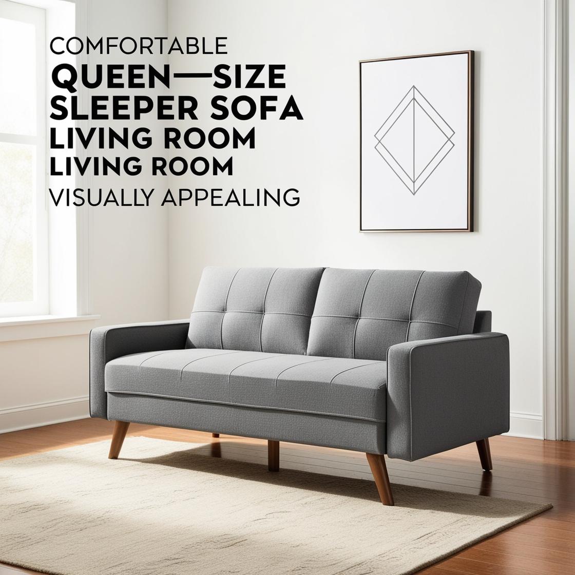 _ A stylish and modern sleeper sofa in a small living room. with bold text_ _Comfortable queen-size sleeper sofa for small living room (1)