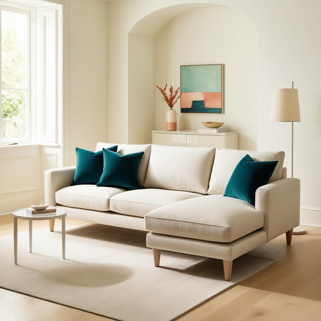 A stylish, modern sofa chaise in a small, well-lit living room. The sofa chaise should have a clean, minimalist design with slim track arms and tapered wooden legs, upholstered in a light gray or beige fabric. The chaise portion should be on the right side (right-facing). The living room should have a neutral color palette with pops of color in the throw pillows and a small piece of artwork. Include a small, round coffee table and a floor lamp to enhance the sense of space. The overall impression should be airy, bright, and inviting, showcasing how a sofa chaise can be a stylish and practical choice for a small living room