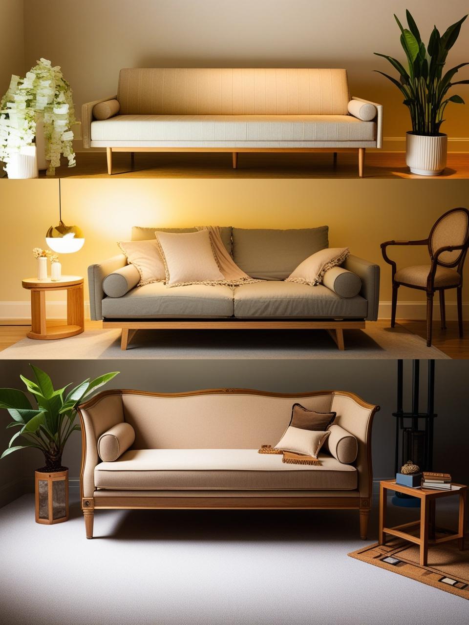 A variety of sofa beds in different styles_ mid-century modern, contemporary, and traditional.decor plant and rug