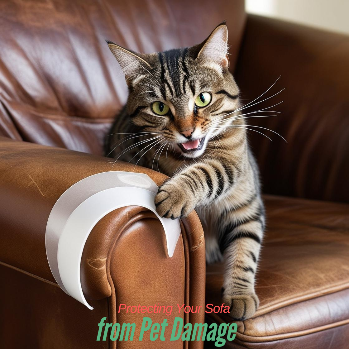 Cat scratching a sofa protected by a vinyl carpet tack tape protector, preventing damage.