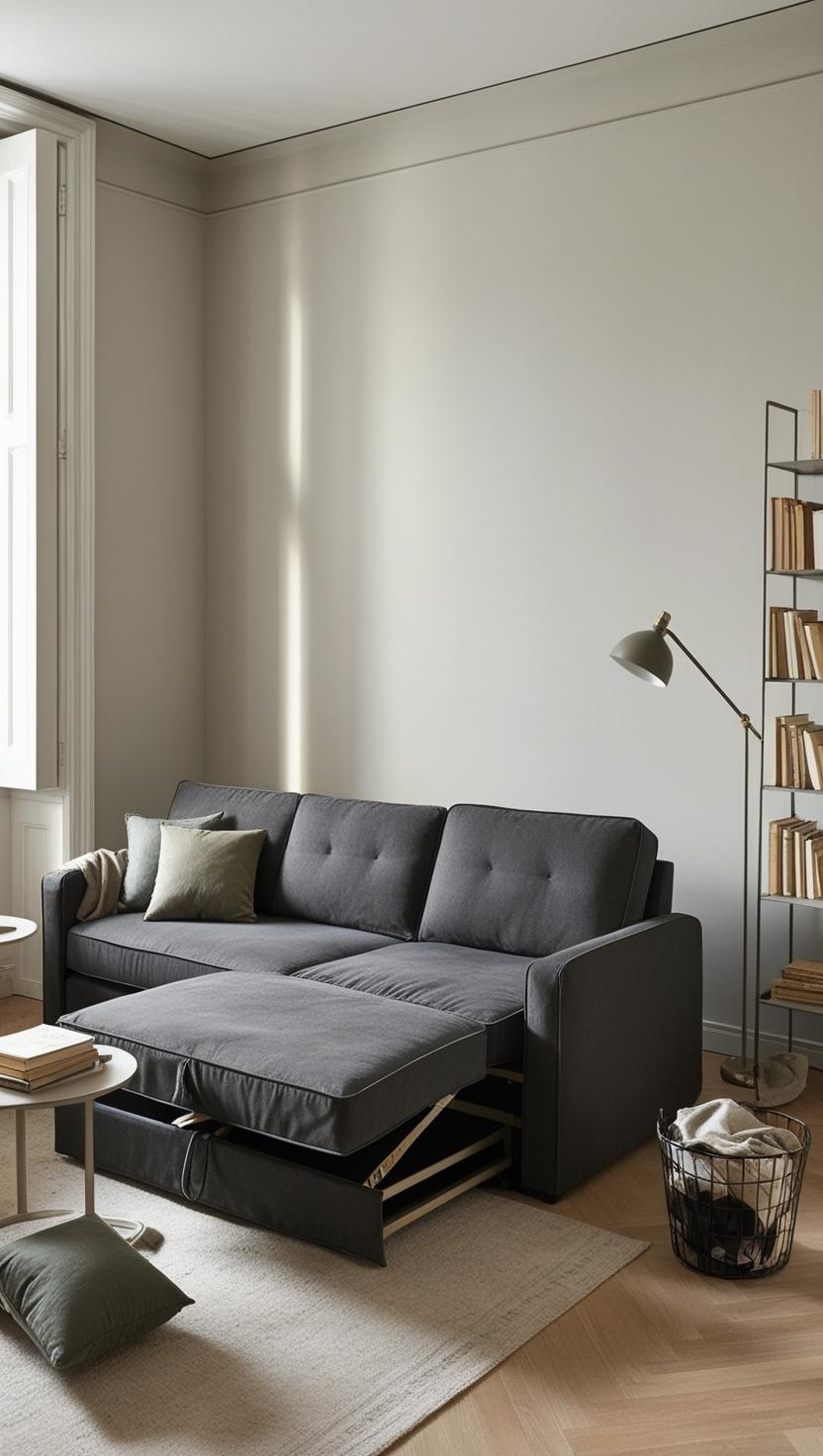 "Create a realistic image of a small, modern apartment living room struggling to accommodate a sofa bed. Show a heavy and bulky sofa bed in the center of the room, taking up too much space. struggling to pull out the bed mechanism, with gears or hinges visibly worn. Use a neutral palette with a slightly cluttered atmosphere to emphasize limited space. Highlight elements like cramped furniture arrangement, emphasizing the challenges of sofa beds in tiny apartments." make all eleement in image more clear and well clear