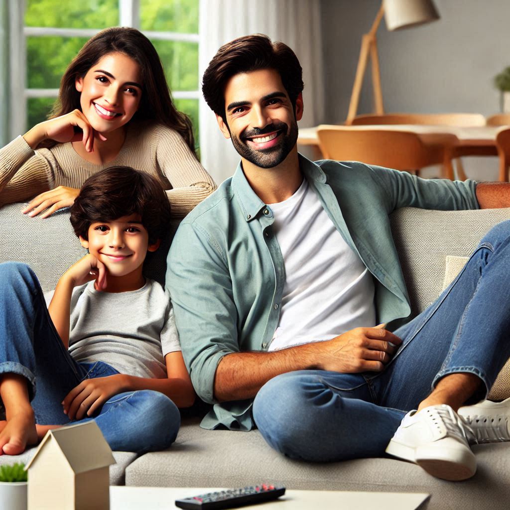 Image of a happy family relaxing on their sectional sofa in a stylish and functional living room.